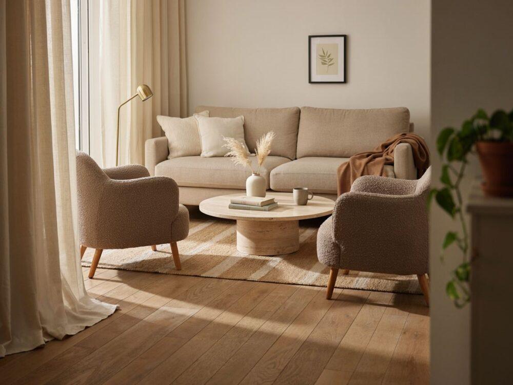 beżowy salon z zasłonami