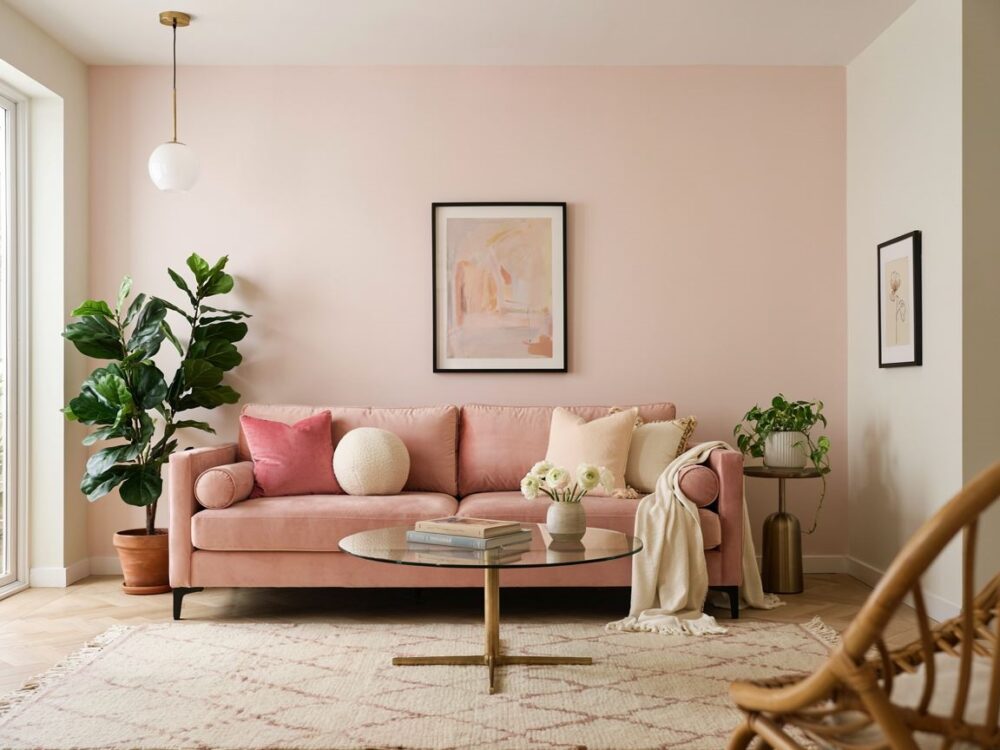 stylowa różowa sofa w salonie