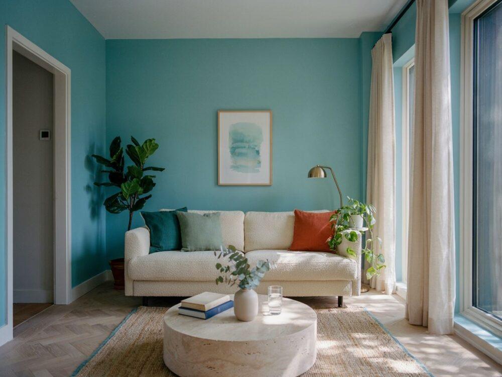 turkusowa sofa w salonie